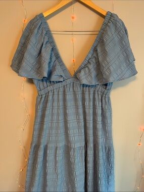 Light Blue V-Neck Ruffle Sleeve Women's Dress
